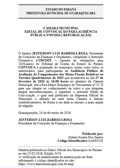 EDITAL DE CONVOCAÇÃO PARA AUDIÊNCIA PÚBLICA Nº05/2026 ( REPUBLICAÇÃO)